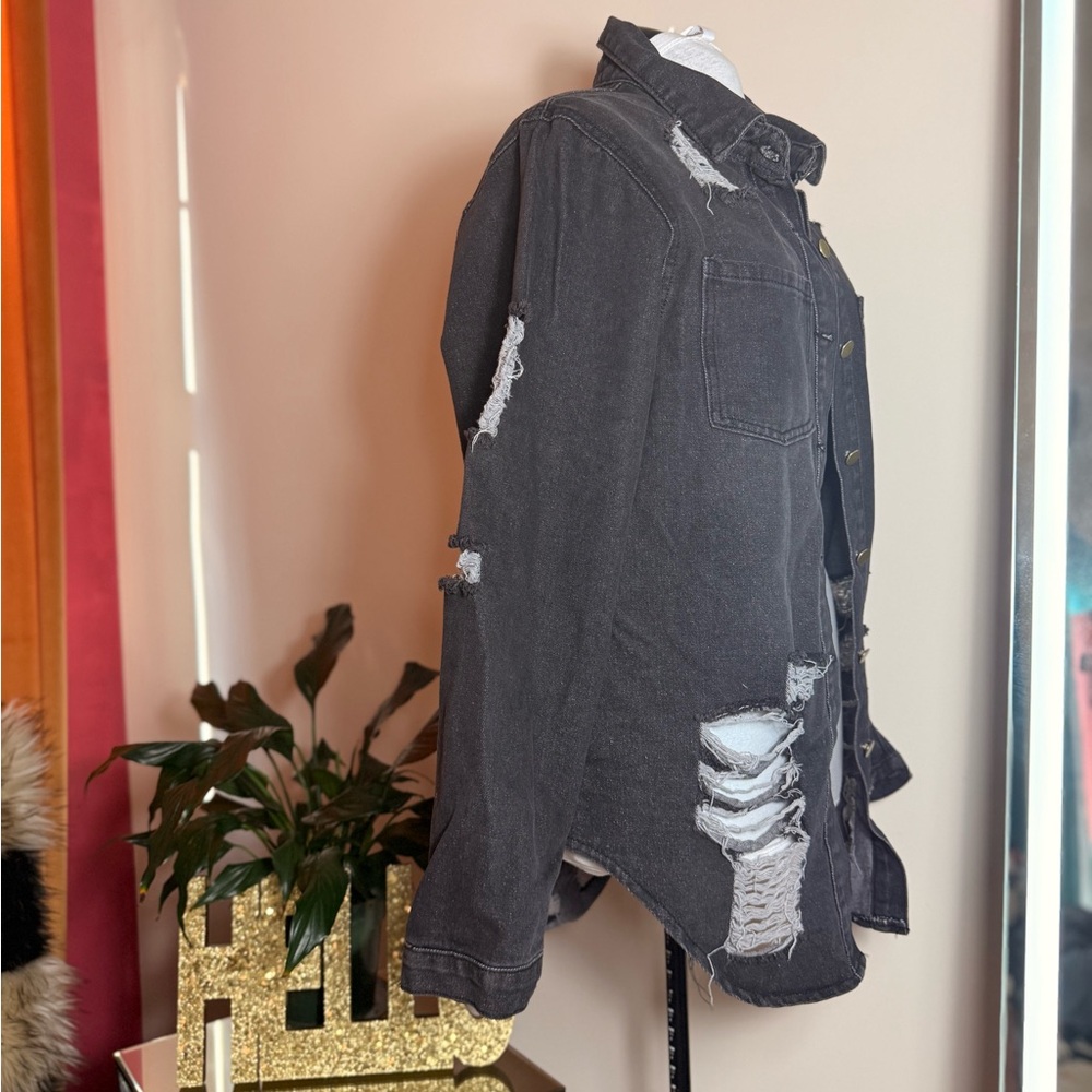 Distressed Black Denim Jacket - Picture 2 of 4